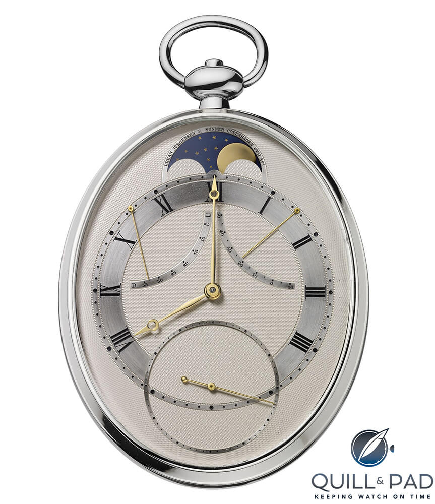 Front view of the Urban Jürgensen oval tourbillon pocket watch from 1991 by Derek Pratt in its original silver case; Pratt engine-turned the dial made from a single piece of silver by hand himself