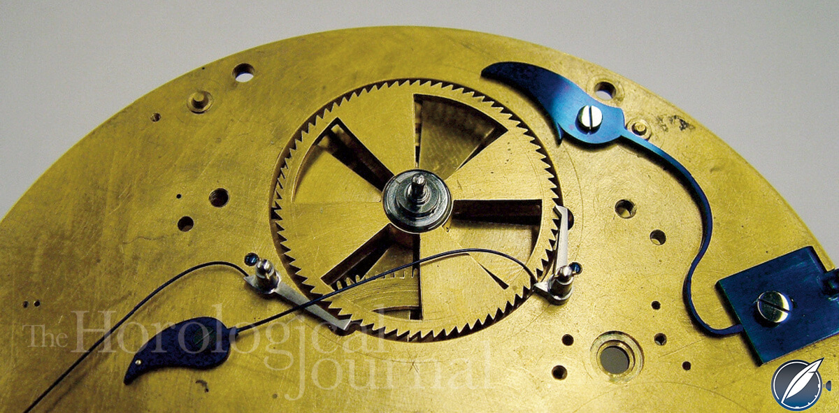 Part of the maintaining work viewed from the dial side (photo courtesy British Horological Journal)