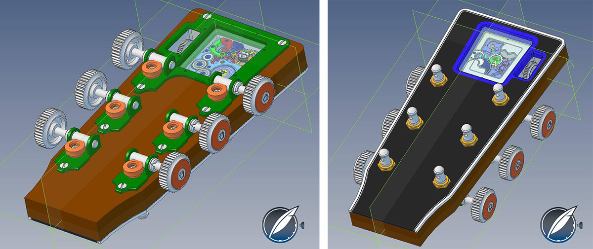 CAD drawing (front/back) of the RGM watch embedded in the head of the Martin two millionth guitar
