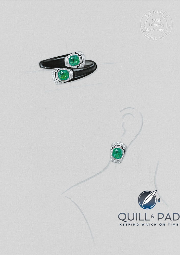 Apparition bracelet in platinum with two cushion-shaped emeralds from Colombia totaling 15.11 carats, black jade, onyx, tapers diamonds, brilliant-cut diamonds. The two motifs can be worn as earrings