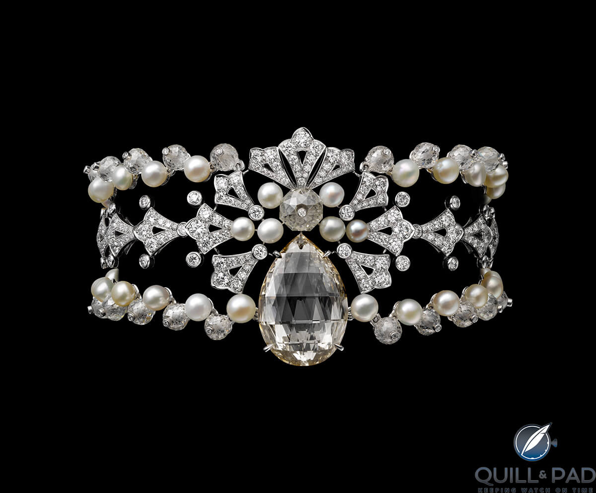 Magie Blance bracelet in platinum with one 10.90-carat fancy brown-yellow pear-shaped rose-cut diamond, one 2.15-carat briolette-cut diamond, briolette-cut diamonds, forty-eight button-shaped natural pearls totaling 66.08 grains, brilliant-cut diamonds