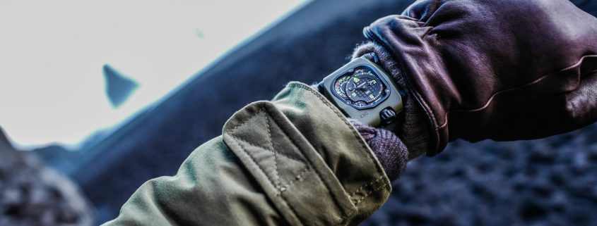 The Urwerk EMC Time Hunter on a well wrapped wrist in Iceland