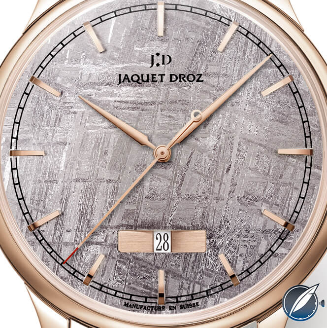 Close up look at the dial of the Jaquet Droz Grande Heure Minute Quantième Meteorite