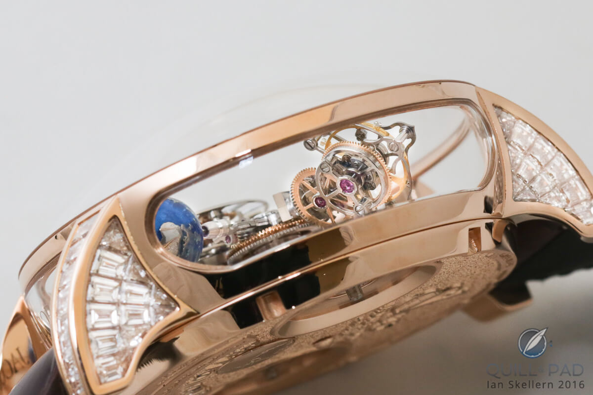 View through a sapphire caseband window of the Jacob & Co Astronomia Baguette
