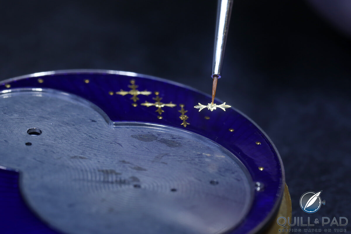 Applying a single gold paillonnée to a Jaquet Droz dial