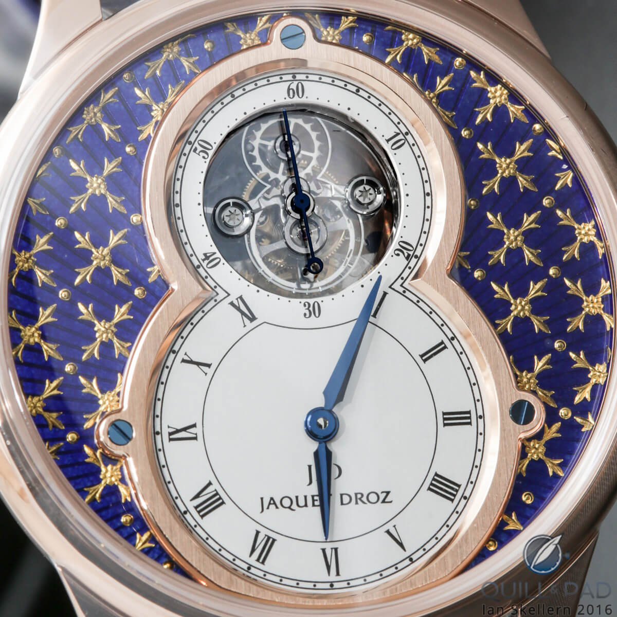 Close up look at the dial of the Jaquet Droz Petite Hour Minute Tourbillon Paillonnée