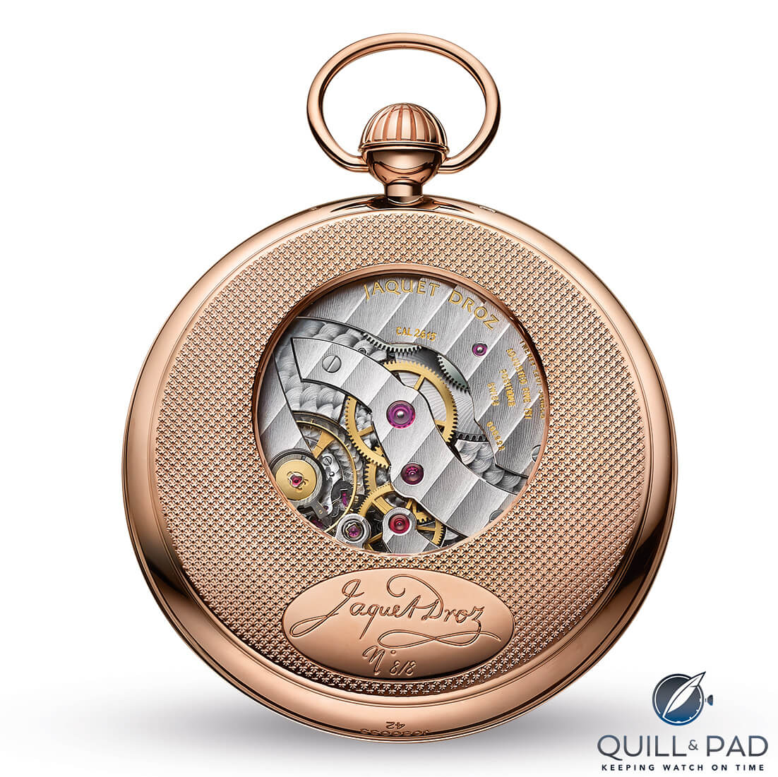 View from the back of the Jaquet Droz Pocket Watch Paillonnée