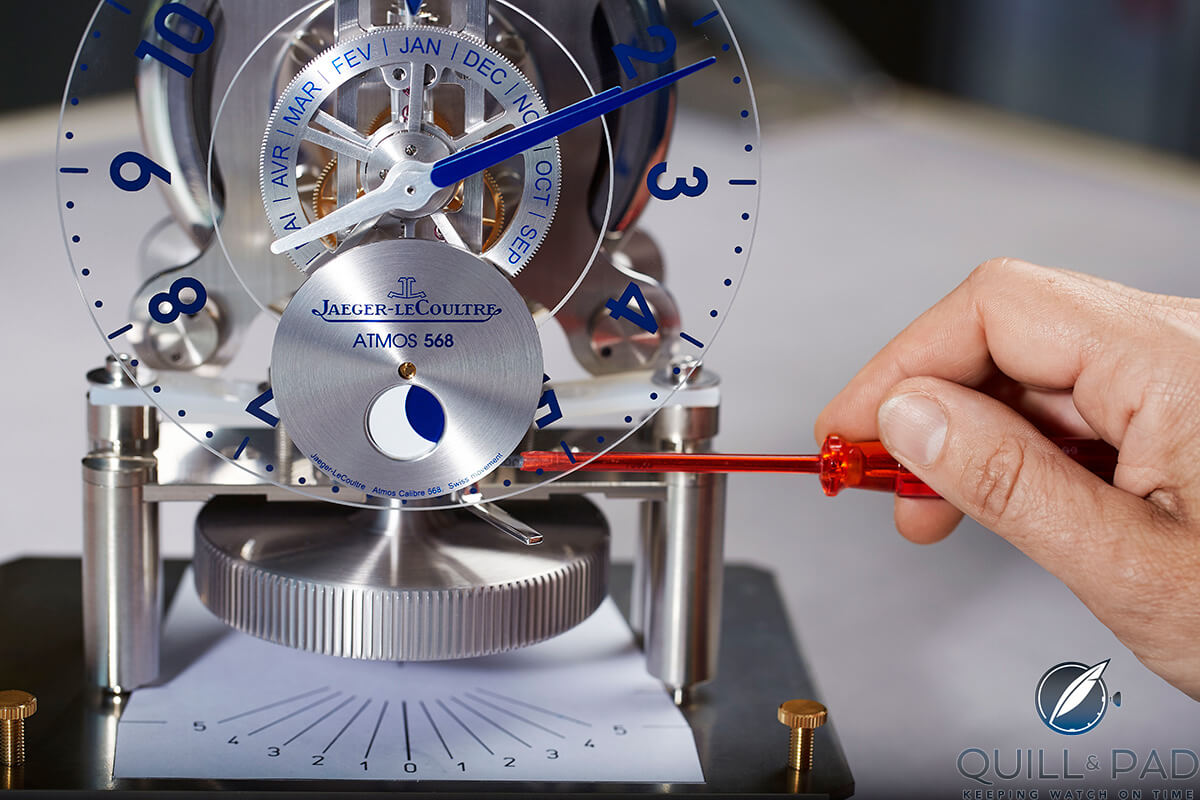 Adjusting the movement of the Jaeger-LeCoultre Atmos 568 by Marc Newson