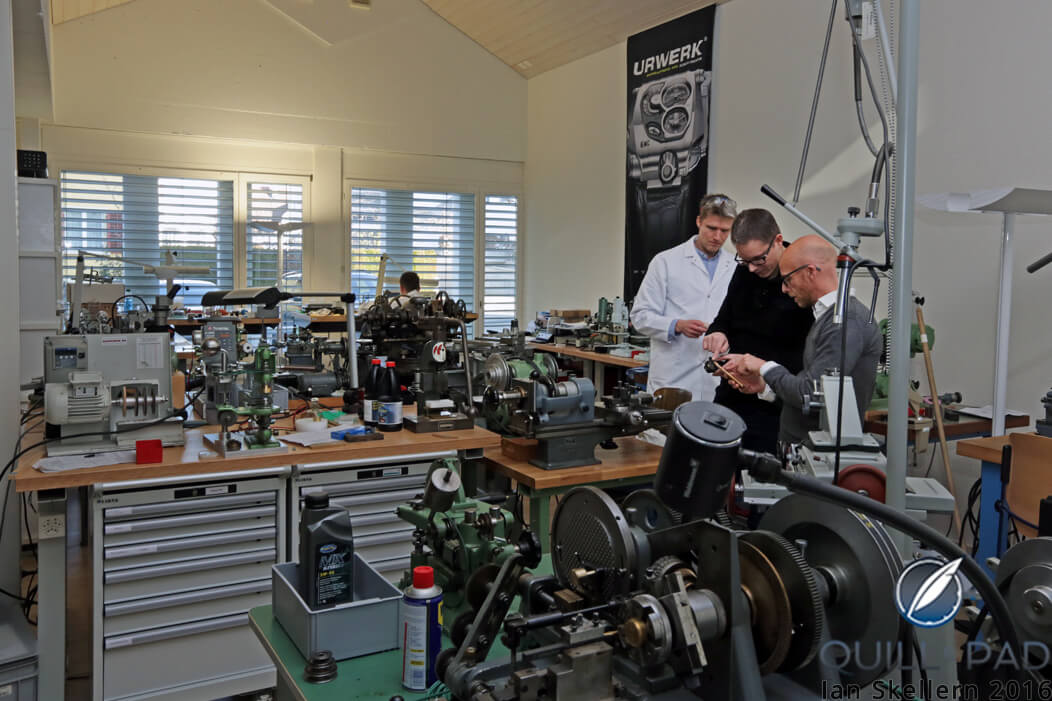 In the Oscillon workshop in Buchs, with Dominique Buser (left) and Cyrano deventhey talking to David Bernard (Complitime/Greubel Forsey/The Time Aeon Foundation)