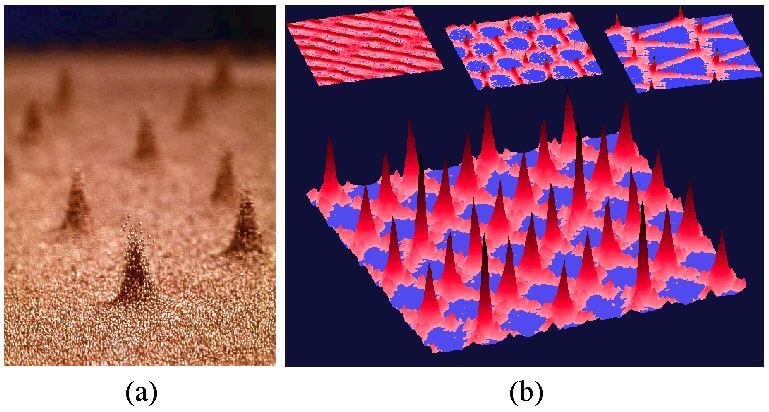 (a) Array of 'oscillons' from granular vibration experiment and (b) Patterns from simulations of 32767 idealized particles (image courtesy Paul Umbanhowar, Northwestern University and Harry L Swinney, University of Texas, Austin)