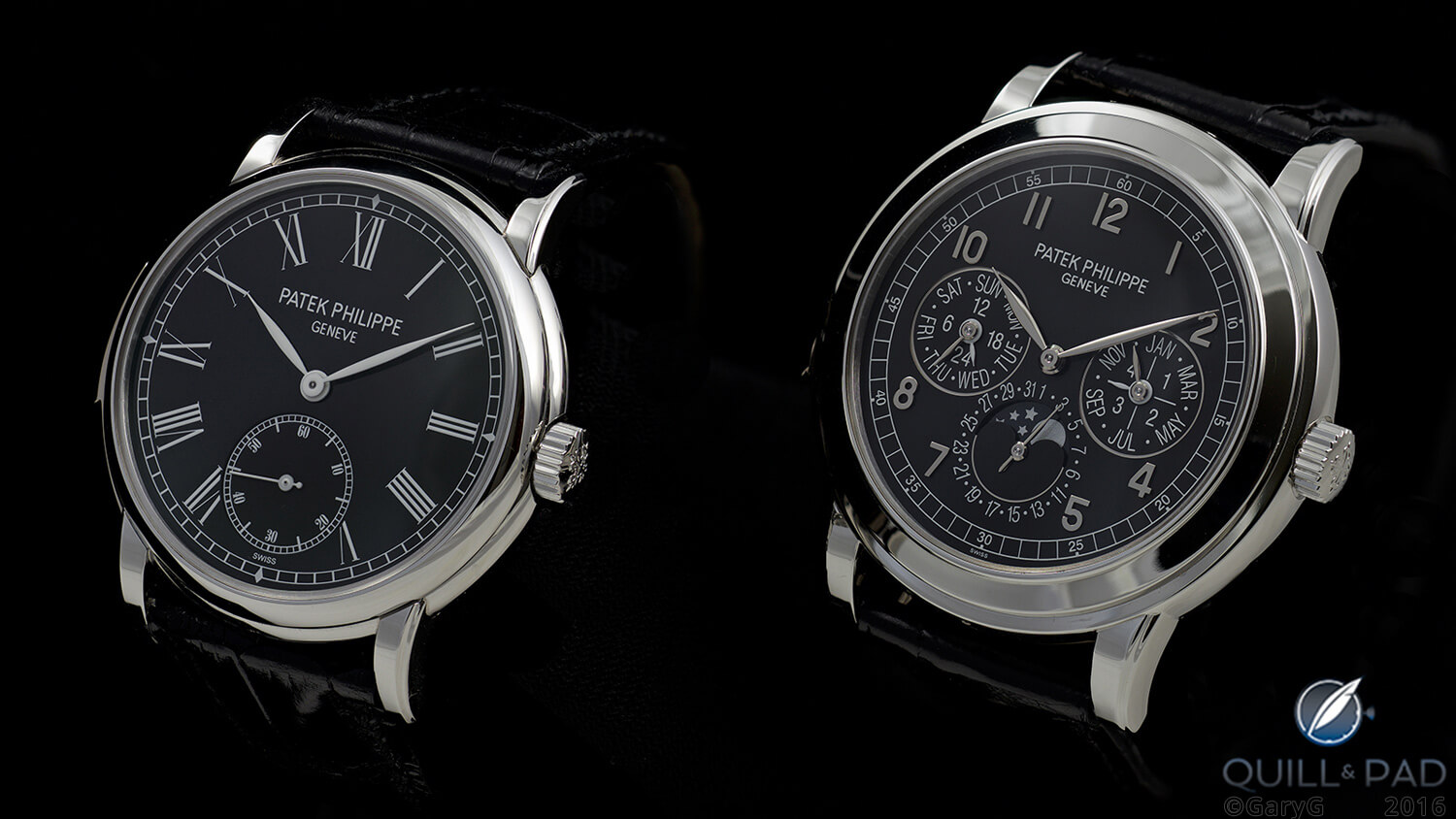 Two of a kind: the Patek Philippe 5078P (at left) and 5074P minute repeaters