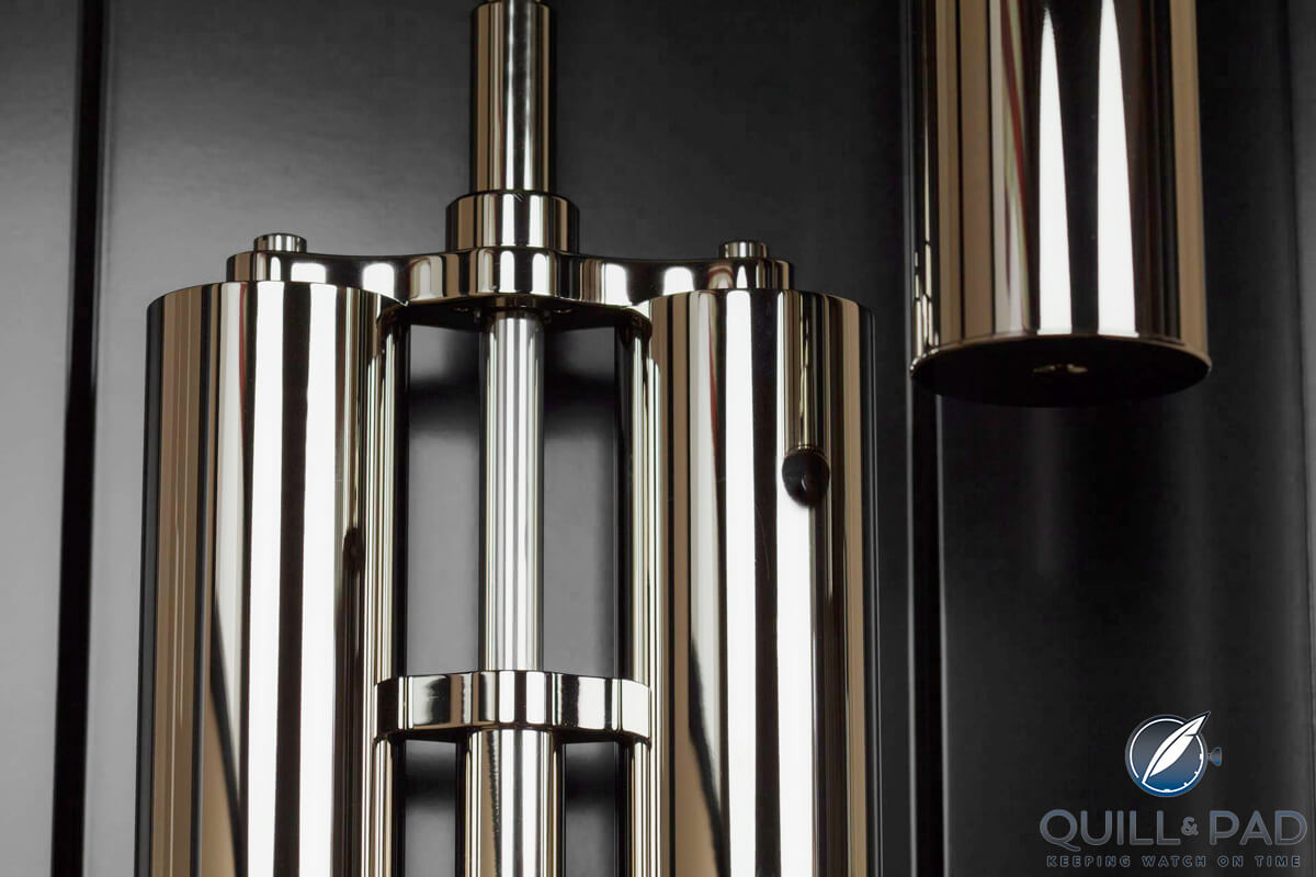 Cylindrical double barrel pendulum weights of the Sattler (photo courtesy Hartmut Kraft)