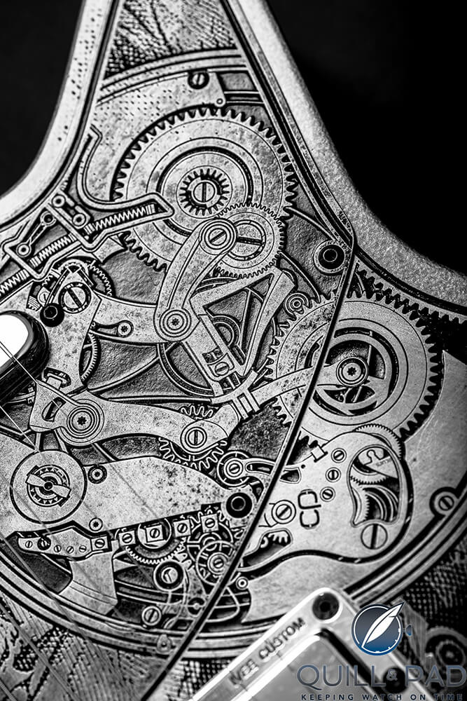 Intricate engraving of the new-T Chronopassion guitar