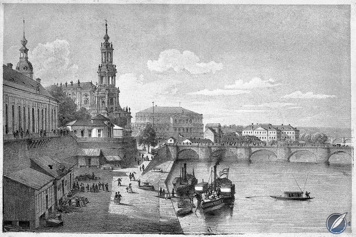 A historic sketch of Dresden’s riverfront area called Brühlsche Terrasse