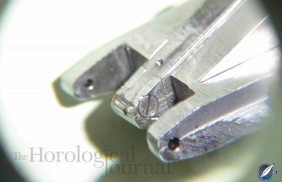 Pallet holder showing adjustable female pivot points used for making the diamond pallets for Derek Pratt's H4 reconstruction (photo courtesy British Horological Journal)