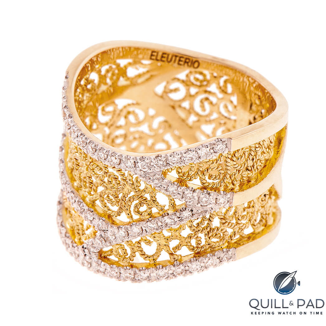 Eleuterio filigree ring in yellow gold with diamonds from the Heritage collection