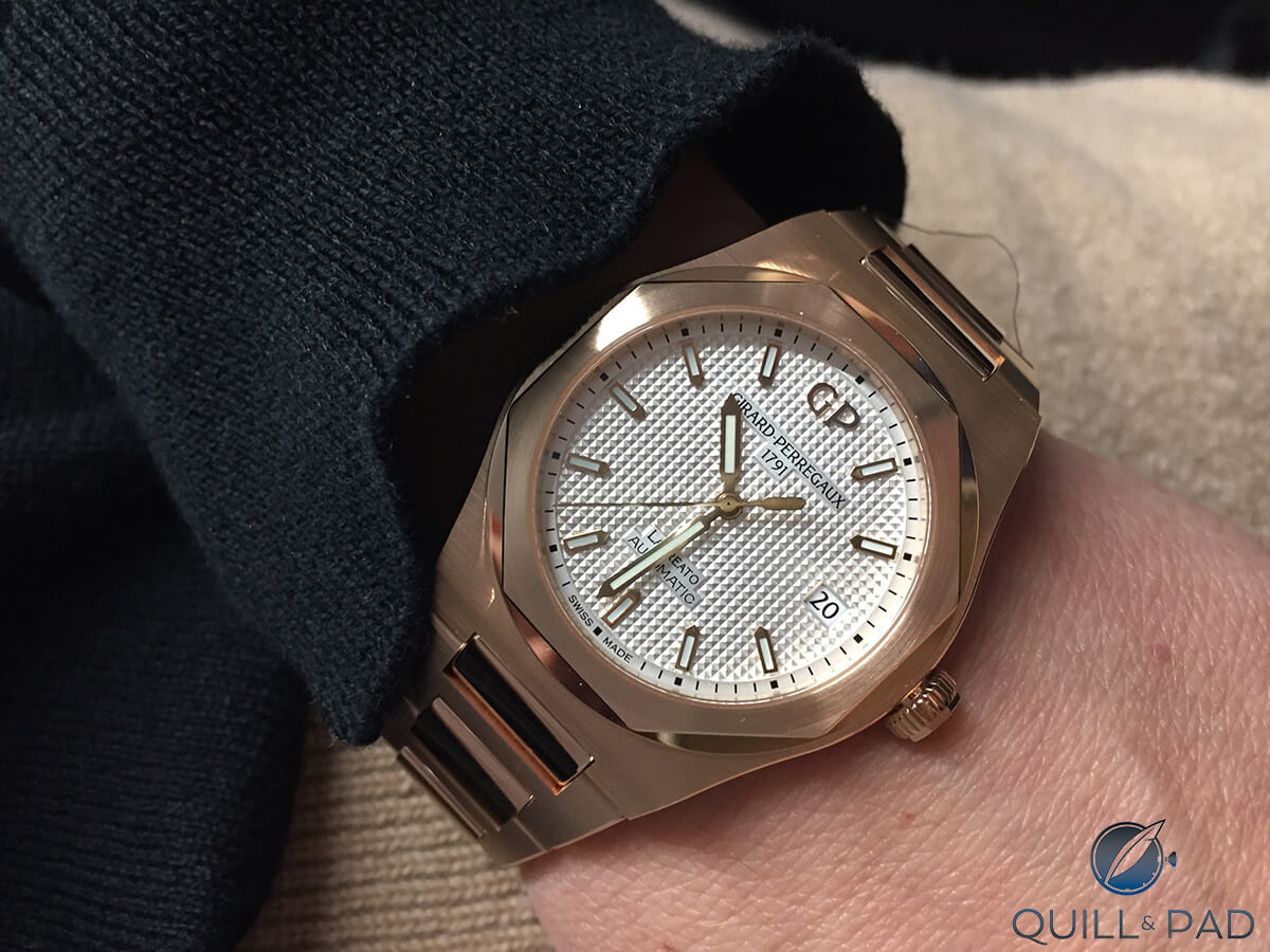 Girard-Perregaux 2017 Laureato 38 in pink gold on the wrist