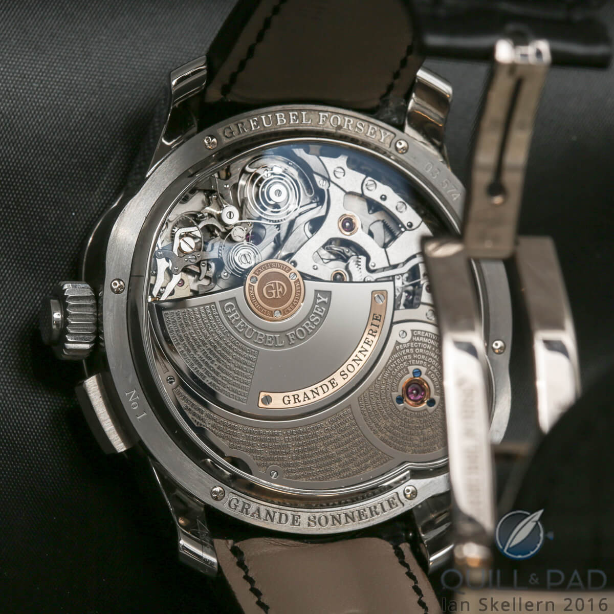 View through the display back to the movement of the Greubel Forsey Grande Sonnerie with the large 
