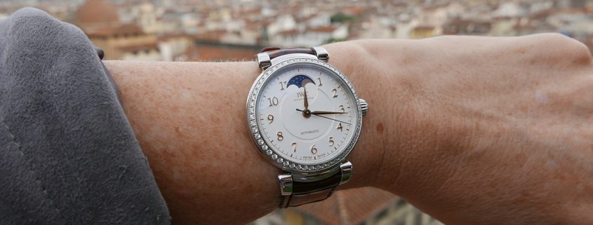 IWC Da Vinci Automatic Moon Phase 36 on the wrist overlooking Florence