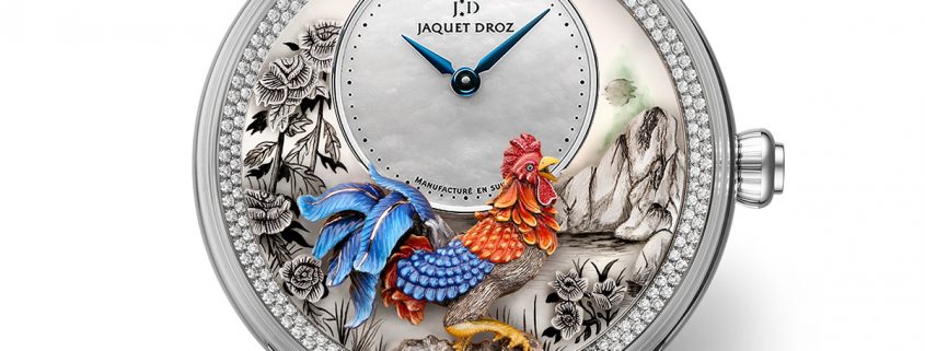 Jaquet Droz Petite Heure Minute Relief Rooster with diamond-set bezel
