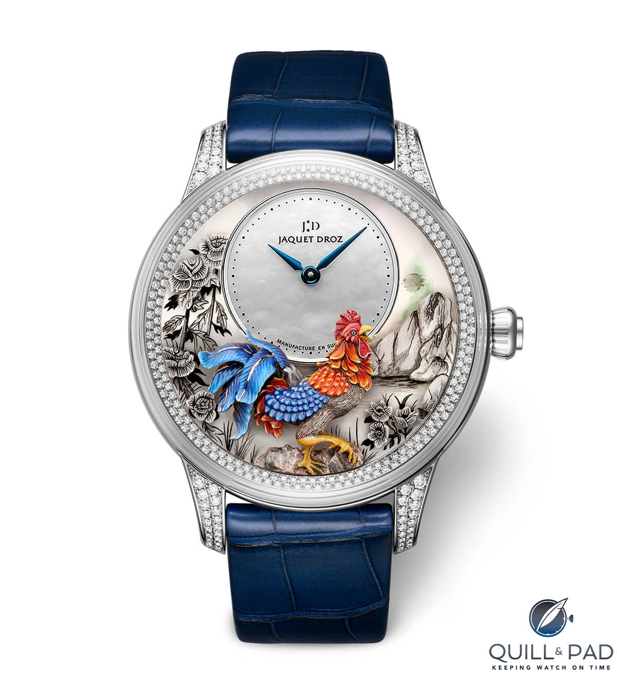 Jaquet Droz Petite Heure Minute Relief Rooster with diamond-set bezel