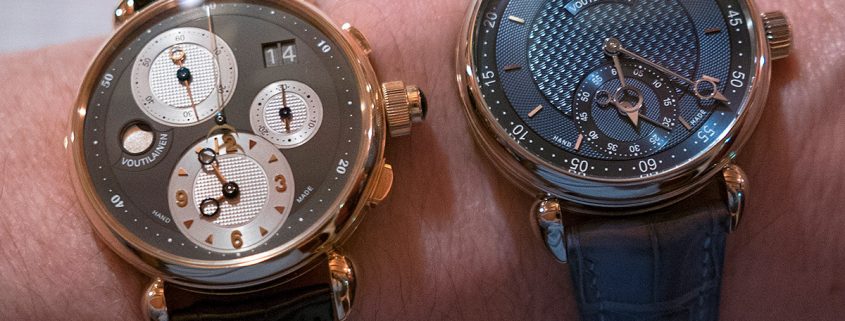 Voutilainen Vingt-8 ISO (at right) on the Author’s wrist with his Voutilainen Masterpiece Chronograph II
