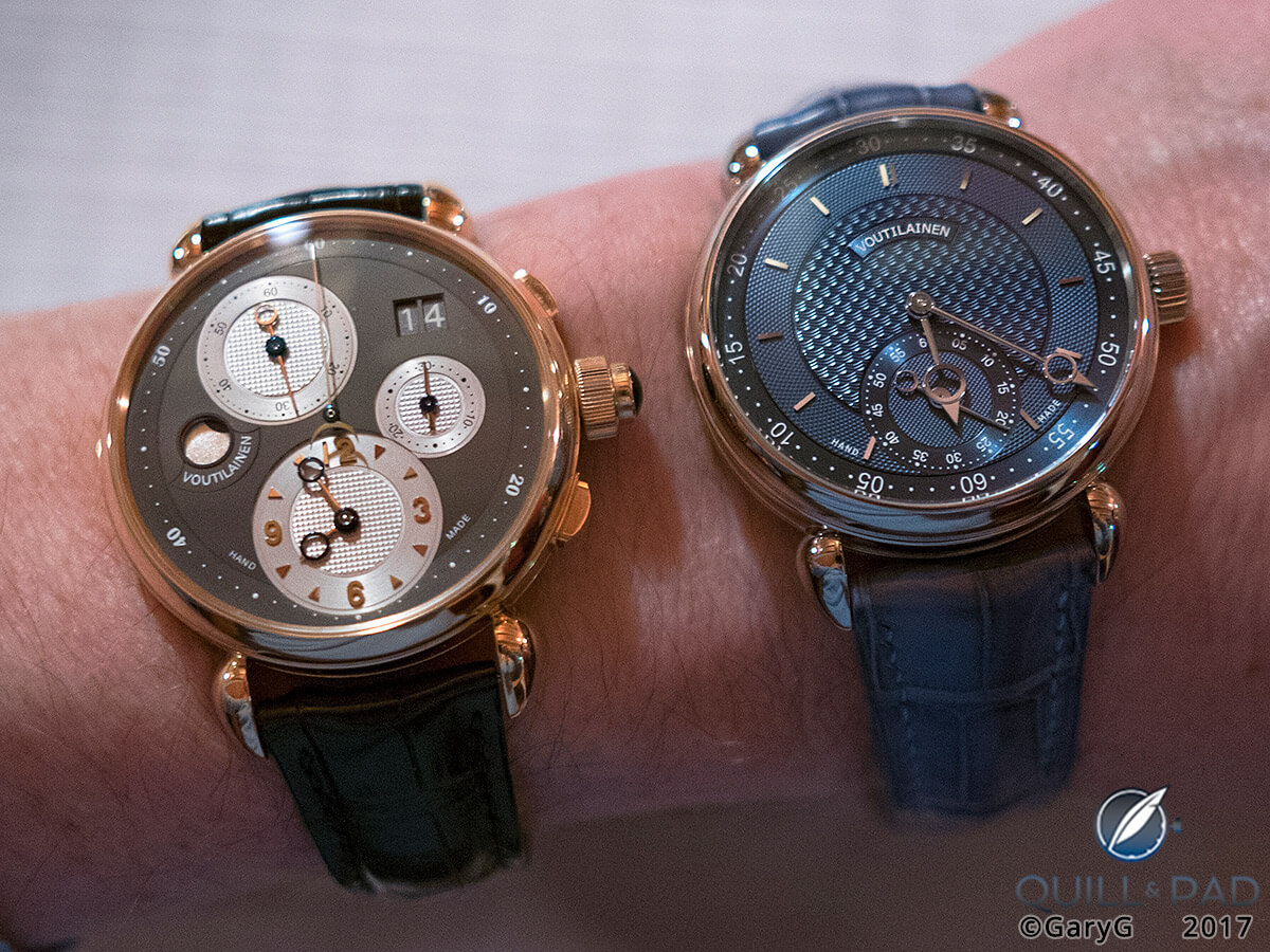 Voutilainen Vingt-8 ISO (at right) on the Author’s wrist with his Voutilainen Masterpiece Chronograph II