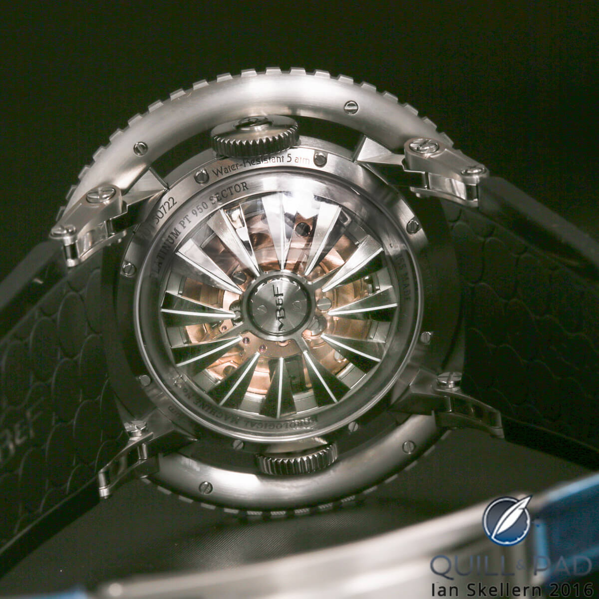 View though the domed display back of the MB&F HM7 Aquapod to the jellyfish-tentacle-like automatic winding rotor
