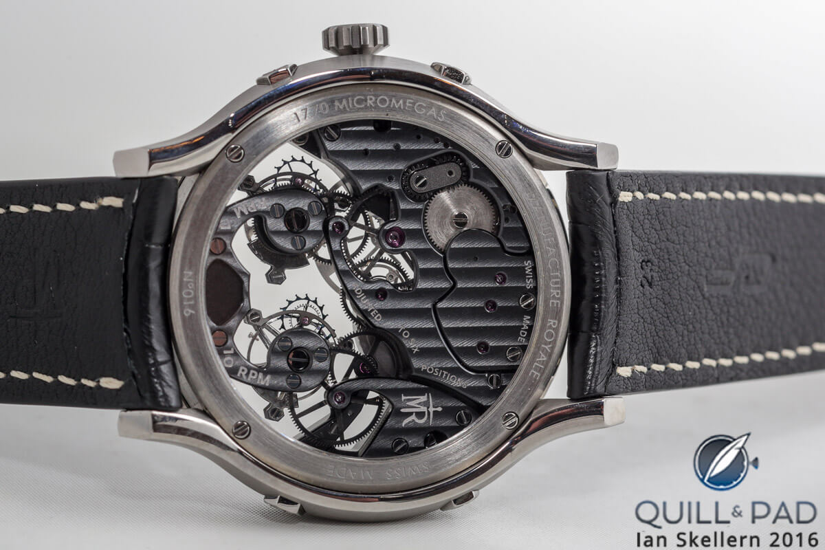 View through the display back of the Manufacture Royale 1770 Micromégas Revolution in titanium with black movement