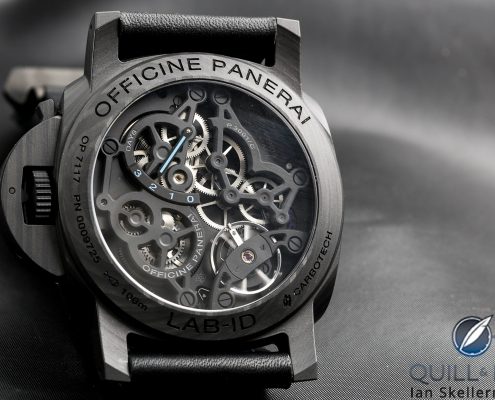 View through the display back of the Panerai LAB-ID Luminor Carbotech