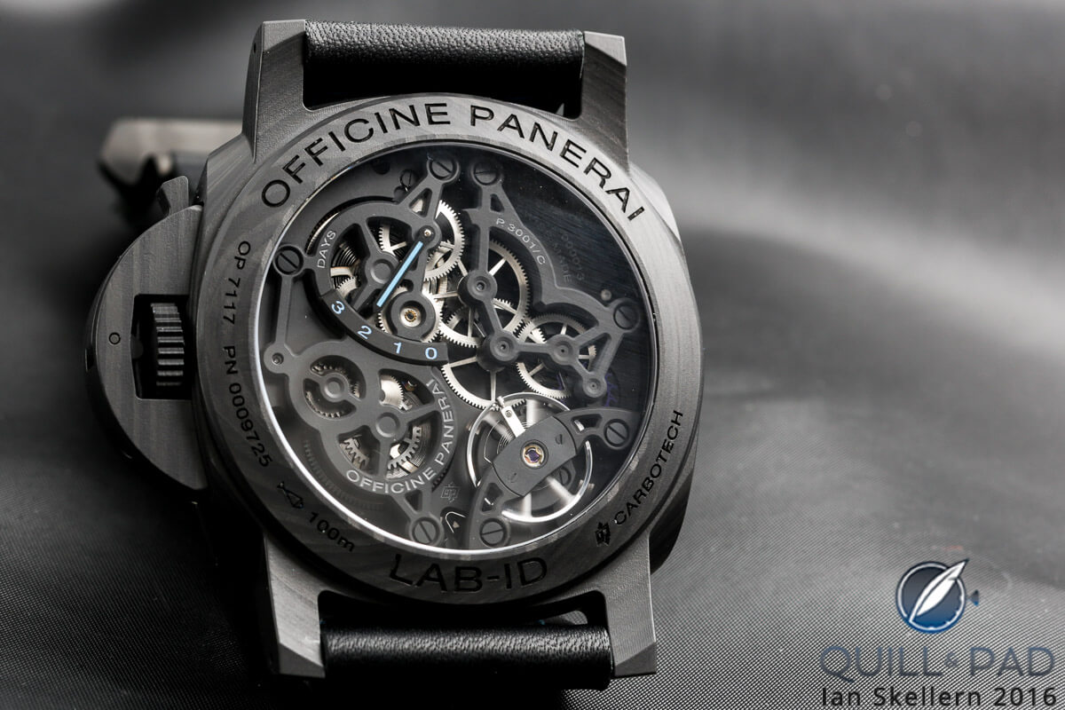 View through the display back of the Panerai LAB-ID Luminor Carbotech