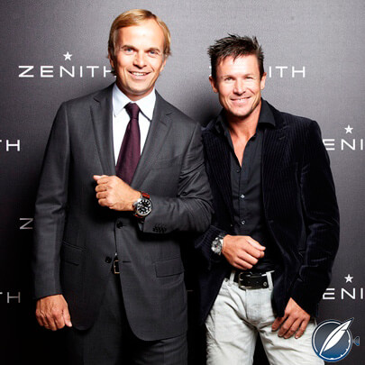 Former Zenith CEO Jean-Frédéric Dufour with superstar BASE jumper Felix Baumgartner in 2012; Dufour successfully established this powerful alliance with the athlete