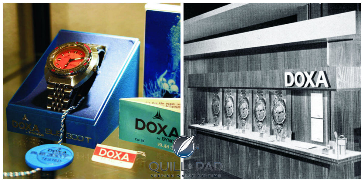 The Doxa SUB 300 at left; the Doxa Basel booth of 1967 at right