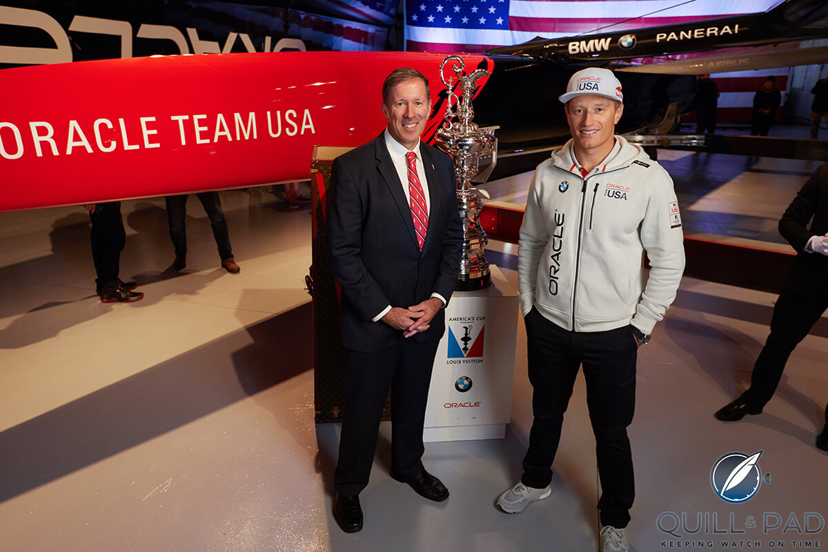 Skipper Jimmy Spithill poses with Michael Hinkley, the premier of Bermuda, in front of Oracle Team USA’s America’s Cup Class Yacht AC50 on February 14, 2017 in Bermuda (photo courtesy Peter Hurley/Oracle Team USA)