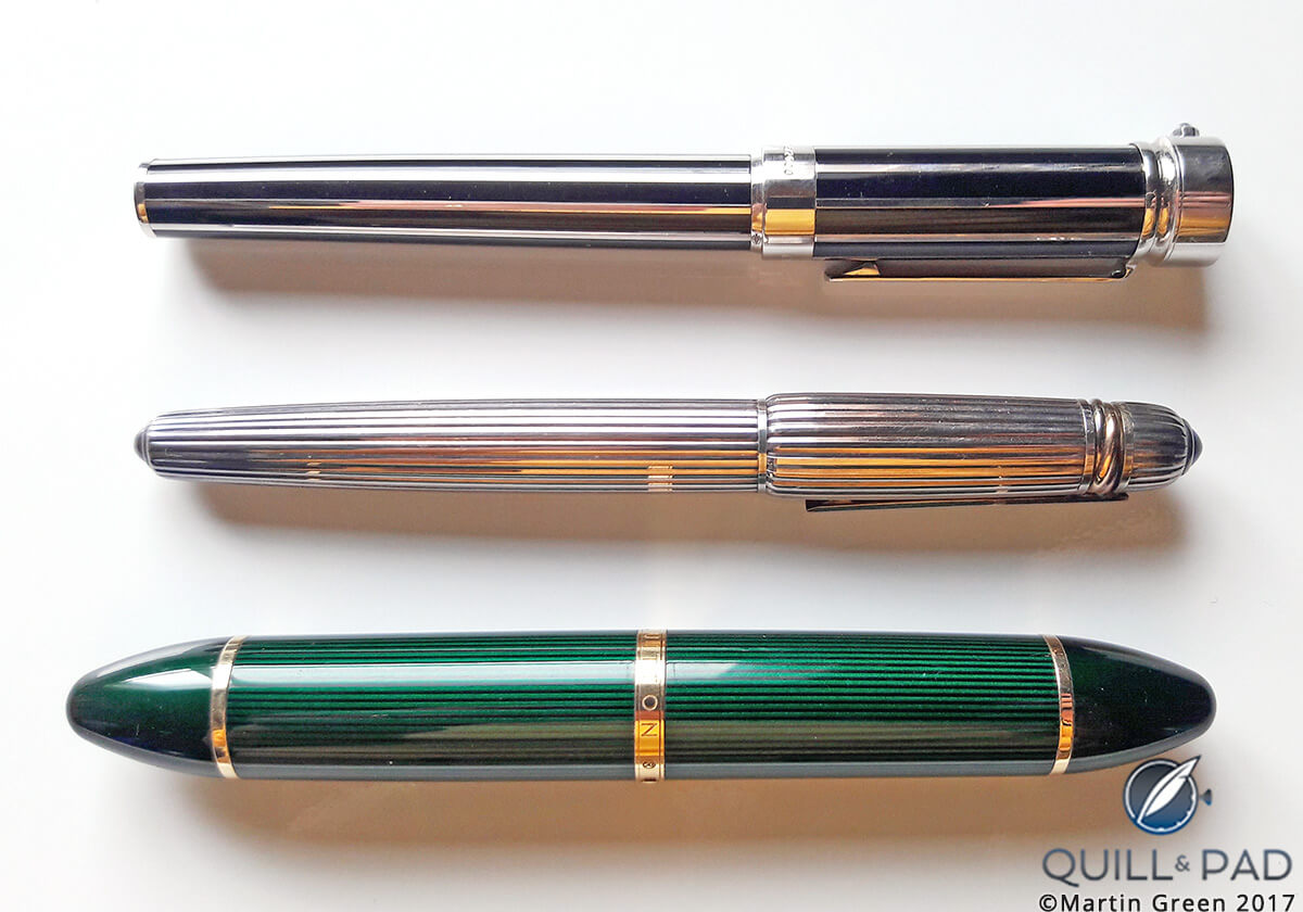 From top to bottom: Cartier Clock pen, Cartier Pasha pen, Louis Vuitton Cargo pen