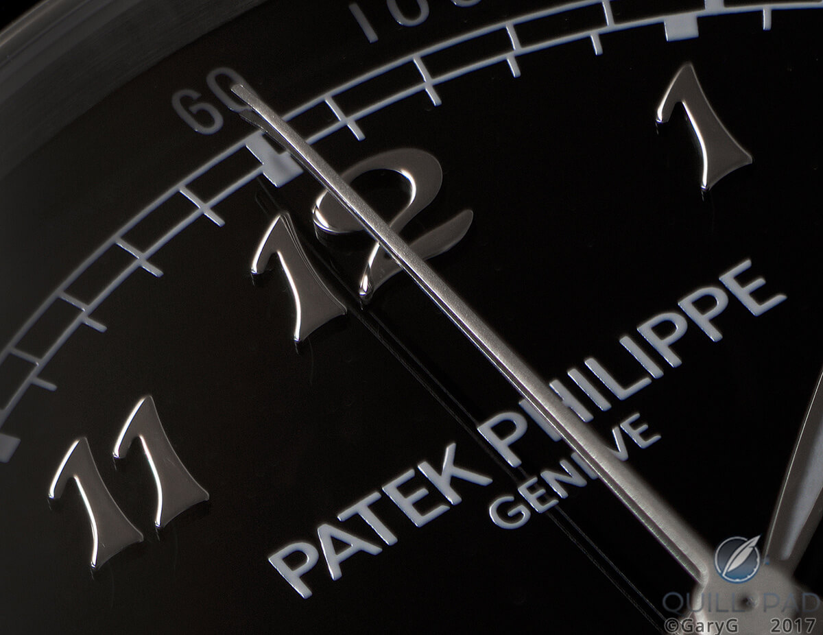 Dial detail of the Patek Philippe Reference 5370P highlighting the Breguet numerals and frosted chronograph hands