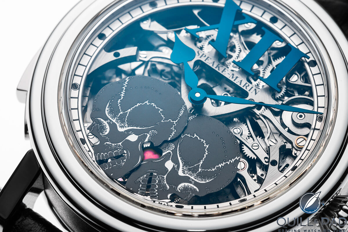 Close up look dial side of the Speake Marin Crazy Skulls minute repeater