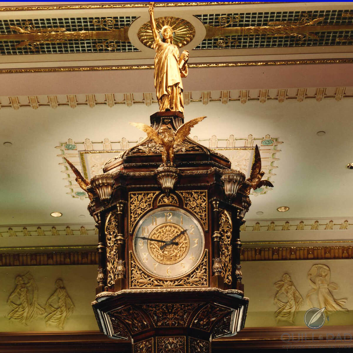 Statue of Lady Liberty on top of the clock in the lobby of the Waldorf Astoria hotel in New York