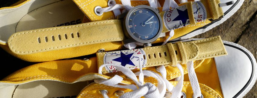 Matching yellow Converse shoes and yellow Converse watch strap on Schofield Signalman DLC