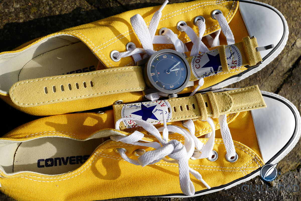 Matching yellow Converse shoes and yellow Converse watch strap on Schofield Signalman DLC