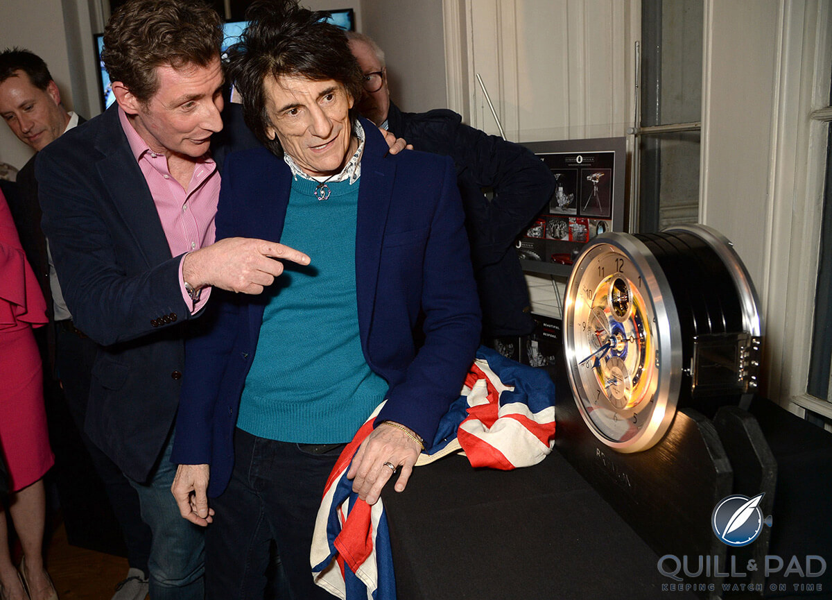 Ronnie Wood unveils the second Bremont B-1 clock featuring one of his hand-painted dials during the brand’s Townhouse event as Nick English looks on (photo courtesy Richard Young)