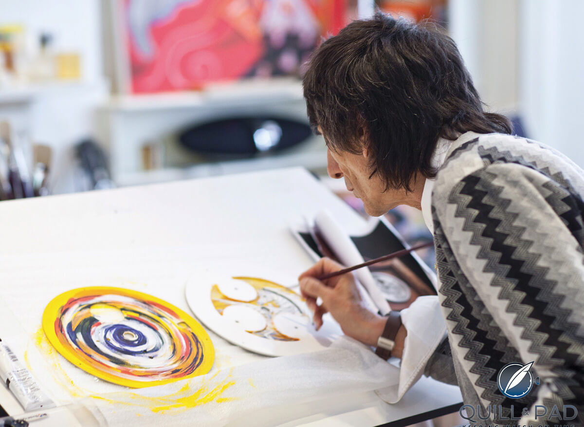 Ronnie Wood hard at work painting the second Bremont B1 Marine Clock dial