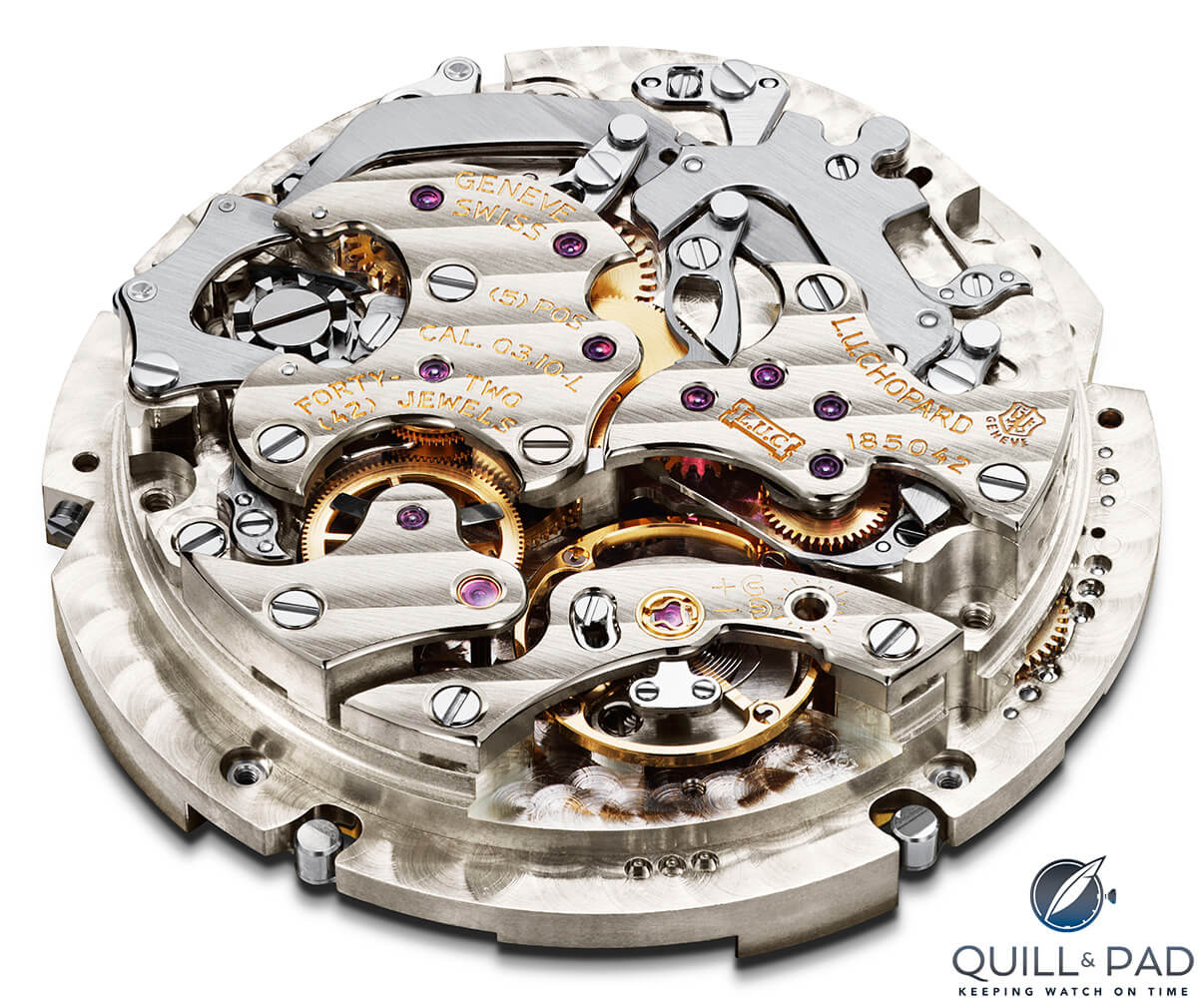 The Geneva Seal is visible at 3 o'clock on the movement of this beautifully finished Chopard L.U.C. Perpetual Chrono