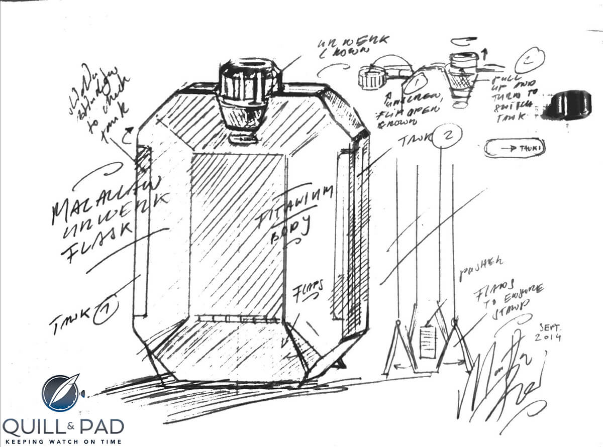 Sketch of The Macallan whiskey mechanical hip flask by Urwerk