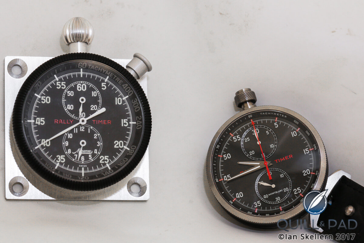 The original Minerva Rally Timer (left) and Montblanc Timewalker Chronograph Rally Timer Counter Limited Edition 100