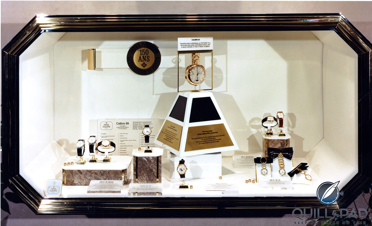 Patek Philippe Calibre 89 in the center of this display at Baselworld in 1990 commemorating the brand's 150th anniversary
