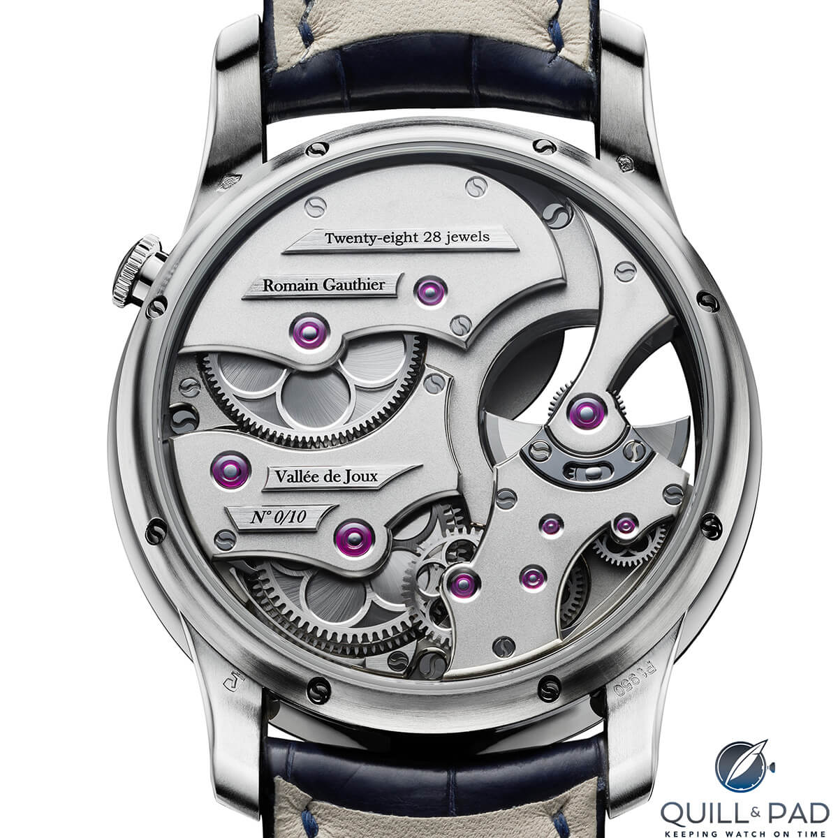 View through the display back of a limited edition platinum Romain Gauthier Insight micro-rotor