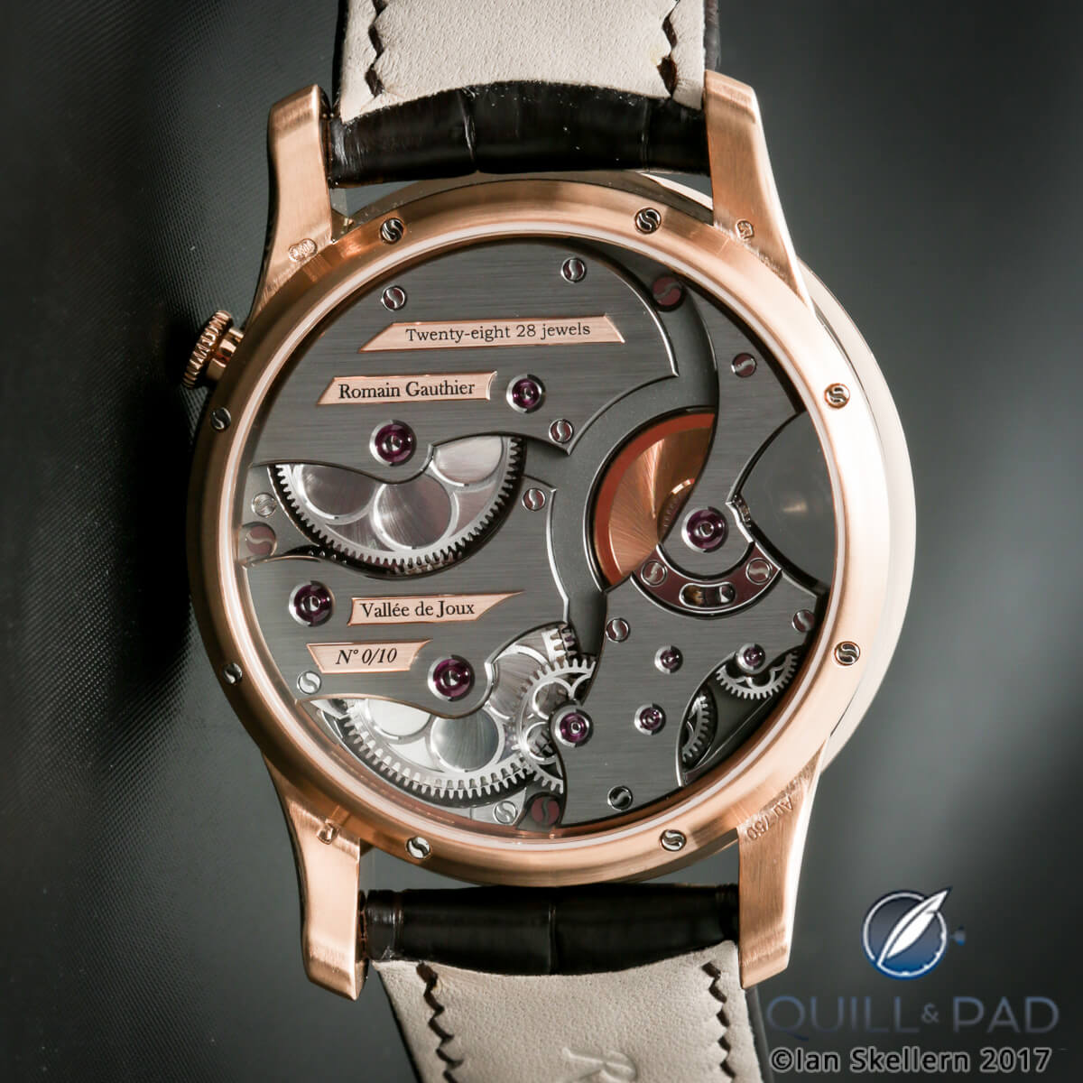 View through the display back of the Romain Gauthier Insight Micro-Rotor in red gold