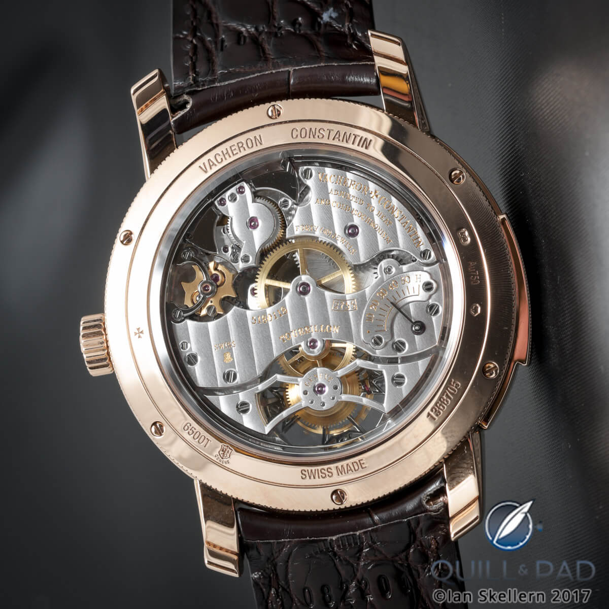 The Geneva Seal is visible on the left of the movement of this Vacheron Constantin Traditionnelle Minute Repeater Tourbillon