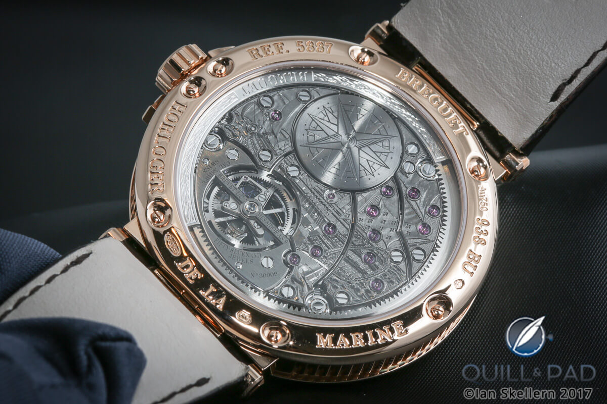 View through the display back to engraved movement of the Breguet Marine Équation Marchante Ref. 5887